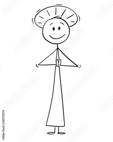 Cartoon stick figure drawing conceptual illustration of holy man or priest with halo around head praying with her hands.