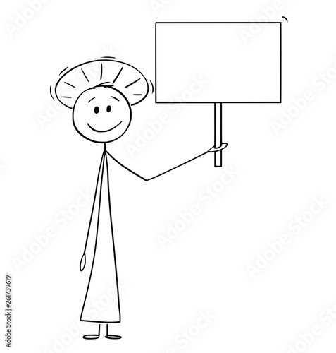 Cartoon stick figure drawing conceptual illustration of holy man or priest with halo around head holding empty sign.