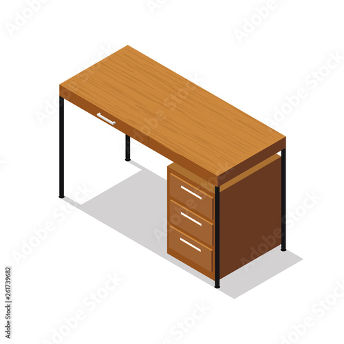 Isometric office table on white background.
