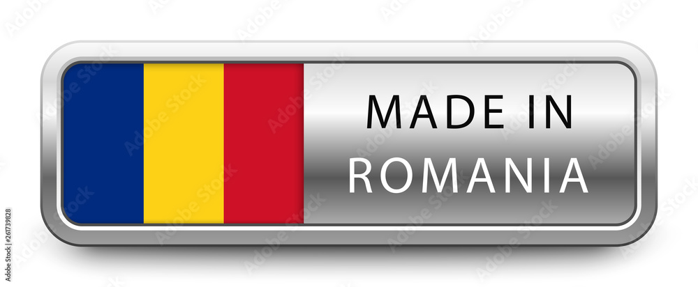 MADE IN ROMANIA metallic badge with national flag isolated on white background MADE IN ROMANIA metallic badge with national flag isolated on white background