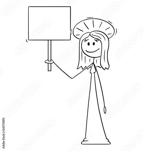 Cartoon stick figure drawing conceptual illustration of holy woman with halo around head holding empty sign.