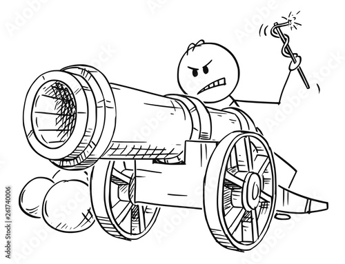 Cartoon stick figure drawing conceptual illustration of angry man or businessman targeting with antique cannon ready to fire.