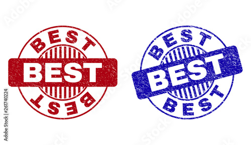 Grunge BEST round stamp seals isolated on a white background. Round seals with grunge texture in red and blue colors. Vector rubber overlay of BEST title inside circle form with stripes.