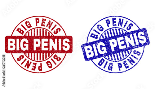 Grunge BIG PENIS round stamp seals isolated on a white background. Round seals with grunge texture in red and blue colors. Vector rubber watermark of BIG PENIS caption inside circle form with stripes.