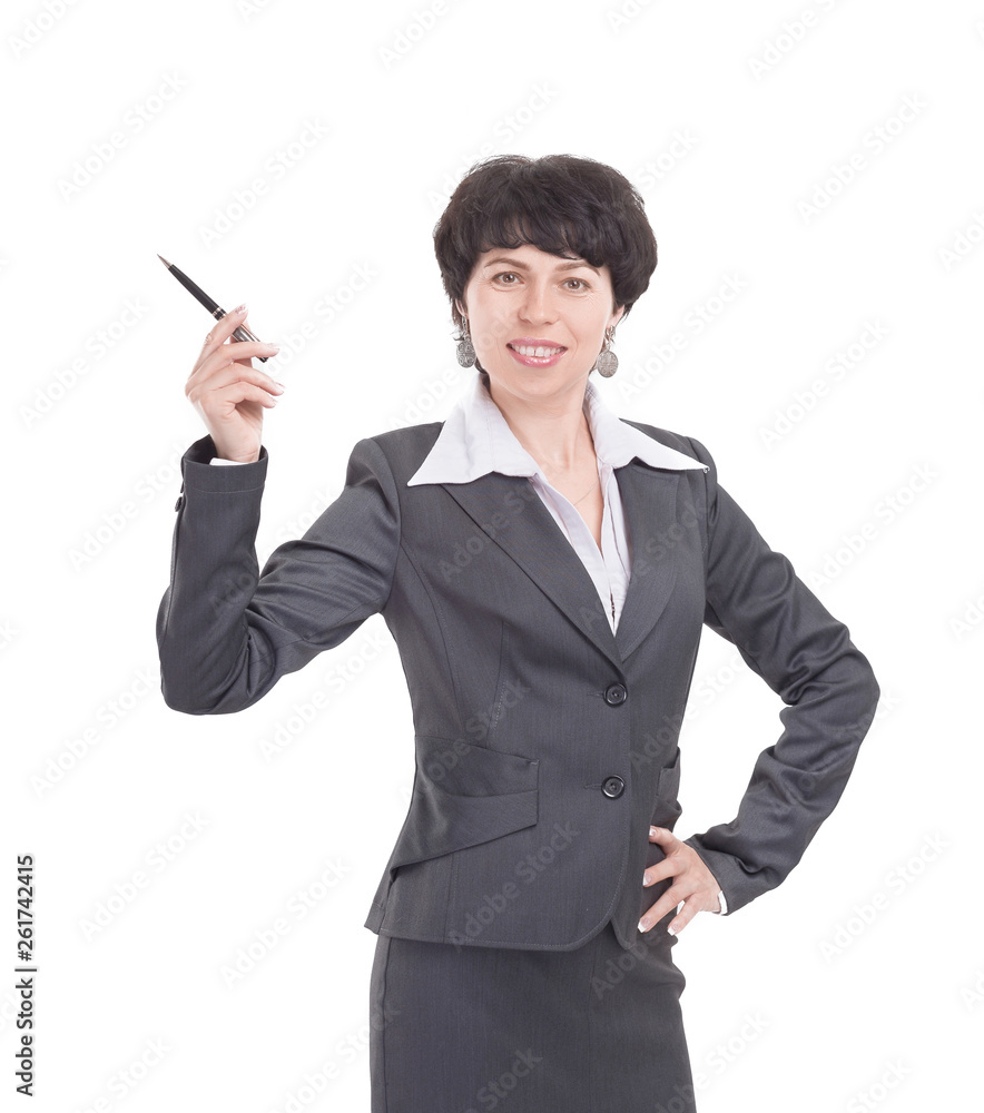 business woman pointing her pen at copy space business woman pointing her pen at copy space