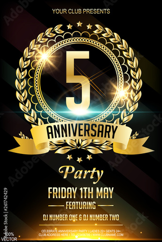 5th golden anniversary celebration poster or flyer with GOLDEN ring and golden ribbon. Anniversary Party Flyer is unique and colorful party flyer with a golden wreath on abstract background. 
