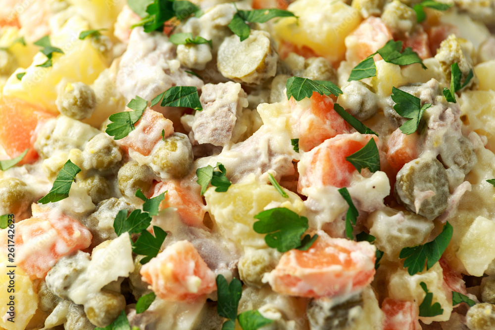 Russian traditional salad Olivier with vegetables and meat. Russian traditional salad Olivier with vegetables and meat.