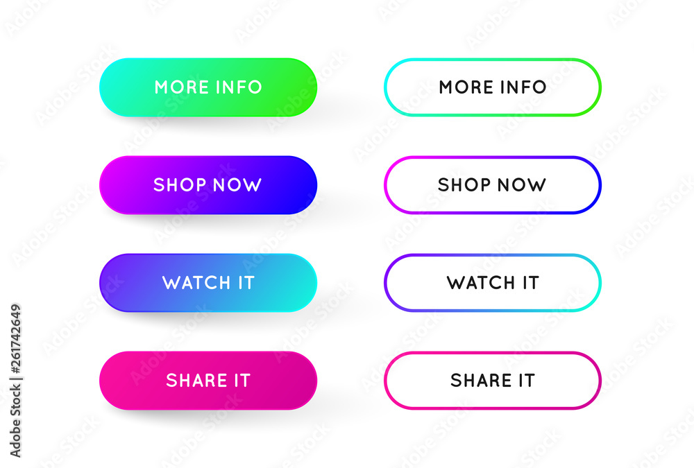 Vector Set of Modern Gradient App or Game Buttons. Trendy gradient colors with shadows. Vector Set of Modern Gradient App or Game Buttons. Trendy gradient colors with shadows.