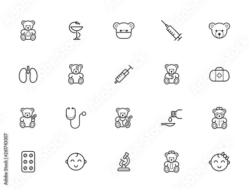 Outline icons set. Pediatric hospital clinic and medical care. Editable stroke. Vector.