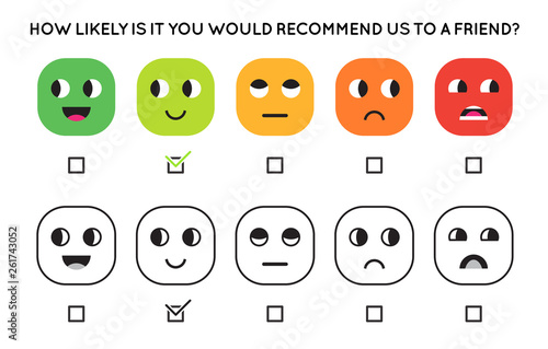 Satisfaction Rating. Set of Feedback Icons in form of emotions. Excellent, good, normal, bad, awful. Vector illustration.