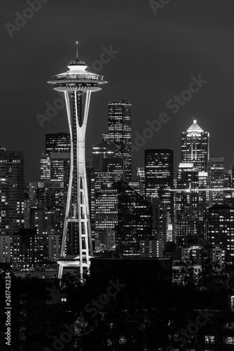 Black and white image of the Seattle Space Needle and other emblematic buildings in the background
