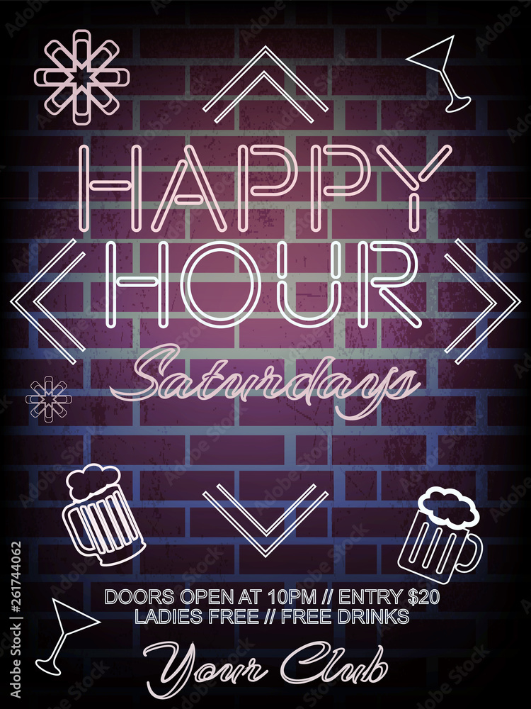 Happy Hours flyer, banner or template design with beer mug icons and