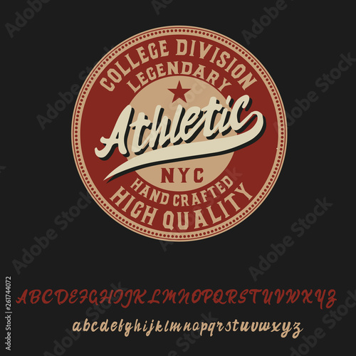 Athletic. Classic retro badge. Script and serif font. Handmade logo and font. Old school. 