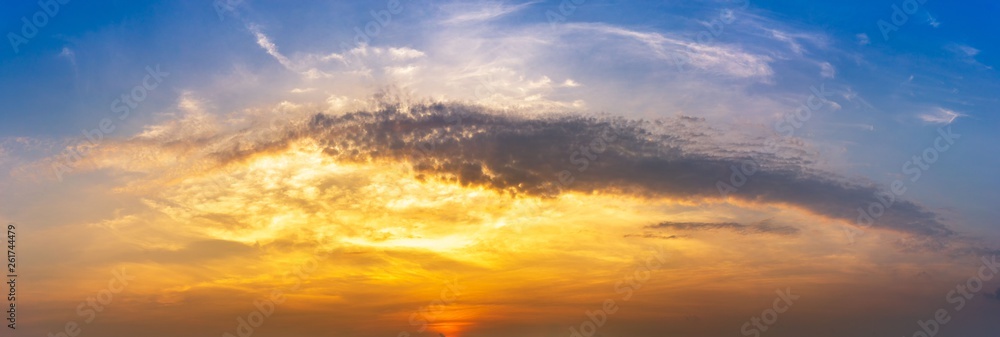 Panorama of nature golden hour morning sky and clouds background