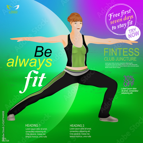 Sporty muscular woman posing. Fitness banner or flyer. Design template with sample text for promoting your events. Promote your Products and services related to Fitness niche with this  banner.