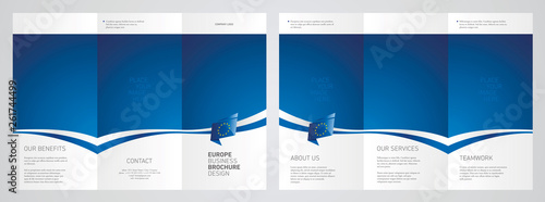 Wavy flag and ribbon of EU Europe three fold brochure modern design blue abstract background