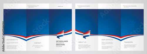 Wavy flag and ribbon of Netherlands three fold brochure modern design blue abstract background