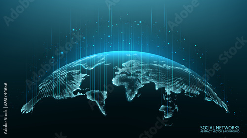 Map of the planet. World map. Global social network. Future. Vector. Blue futuristic background with planet Earth. Internet and technology. Modern science. Abstract geometric background.