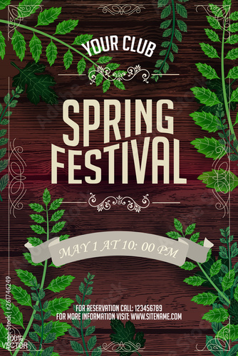 Spring festival poster or flyer design with green leaves and sample text on wooden background. It is perfect for any kind of your parties.