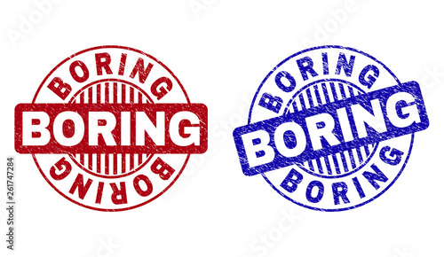 Grunge BORING round stamp seals isolated on a white background. Round seals with grunge texture in red and blue colors. Vector rubber imprint of BORING tag inside circle form with stripes.