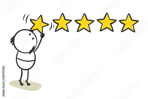 Five stars. Funny man leaves his review, vector illustration.