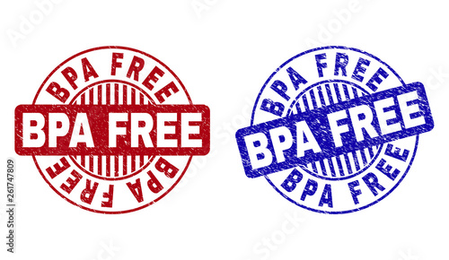Grunge BPA FREE round stamp seals isolated on a white background. Round seals with grunge texture in red and blue colors. Vector rubber imitation of BPA FREE label inside circle form with stripes.
