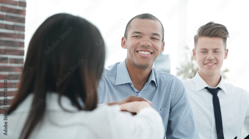 group of colleagues on background modern office