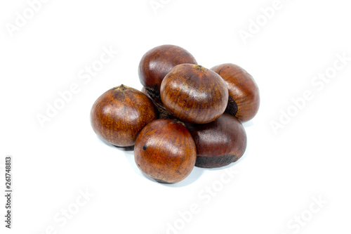 Roasted horse chestnuts isolated on white background.