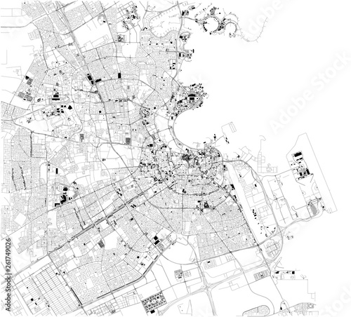 Satellite map of Doha the capital and most populous city of the State of Qatar. Map of streets and buildings of the town center. Asia