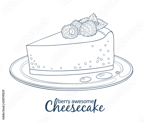 Cheesecake with raspberry icon isolated on white background. Hand drawn vector illustration black and white colors