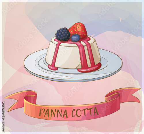 Panna cotta dessert with berries icon. Cartoon vector illustration. Pastel series of berry desserts collection