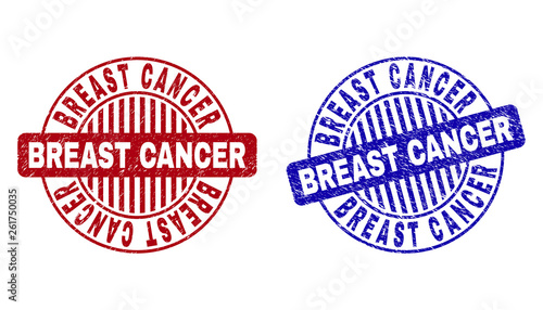 Grunge BREAST CANCER round stamp seals isolated on a white background. Round seals with grunge texture in red and blue colors.