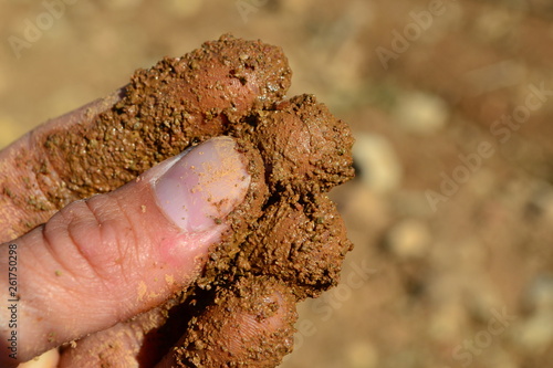 Fingers rubbing soil feeling the texture