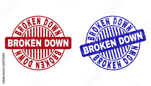 Grunge BROKEN DOWN round stamp seals isolated on a white background. Round seals with grunge texture in red and blue colors.
