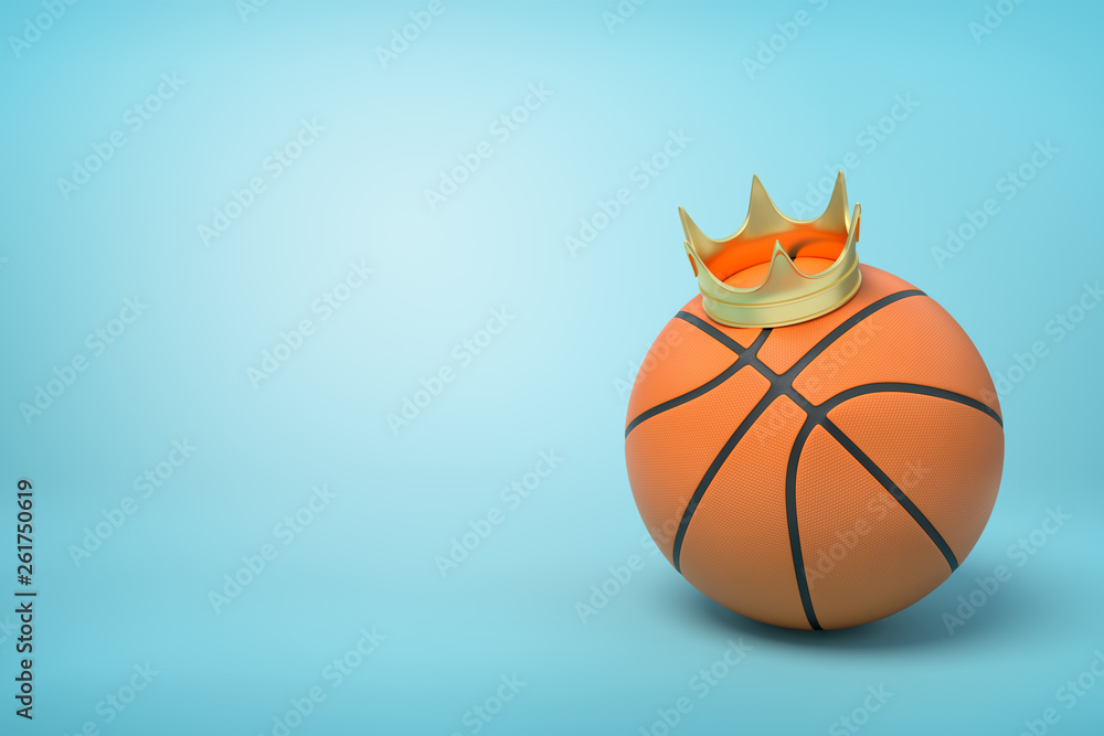 3d close-up rendering of basketball with small golden crown on top on light-blue background.