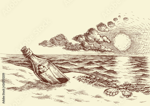 Message in a bottle hand drawing. A bottle with a letter on the beach, sunset sky and sea view sketch