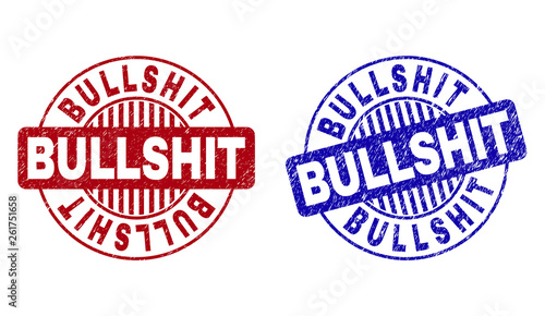Grunge BULLSHIT round stamp seals isolated on a white background. Round seals with grunge texture in red and blue colors. Vector rubber imprint of BULLSHIT label inside circle form with stripes.