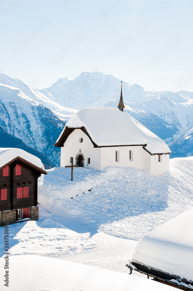 Bettmeralp, Kapelle, Bergkapelle, Walliser Dorf, Wallis, Walliser Berge, Alpen, Winter, Wintersport, Aletsch, Schweiz