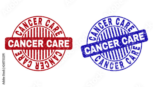 Grunge CANCER CARE round stamp seals isolated on a white background. Round seals with grunge texture in red and blue colors. Vector rubber watermark of CANCER CARE tag inside circle form with stripes.