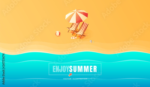 Summer. Vacation and travel concept. Umbrella, beach chair and a ball on the beach. Flat style vector illustration