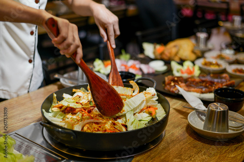 Cooking korean spicy sauce mixed vegetable 