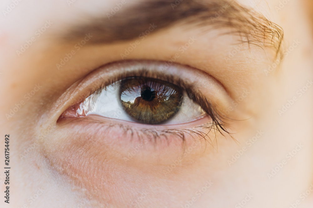Obraz premium looking young boy looking straight. Cropped portrait of a Caucasian man in the sun. open eye close up
