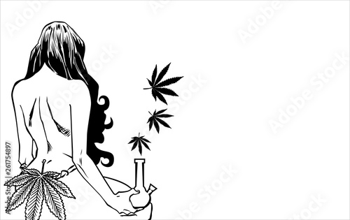 Naked lady with cannabis leafs and bong. 