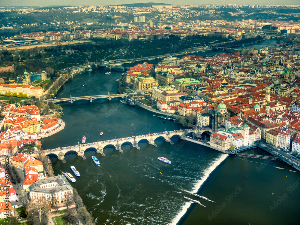 Aerial view of Prague over Vltava river