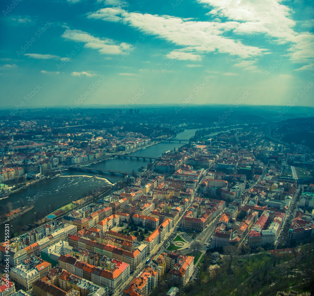 Aerial view of Prague over Vltava river
