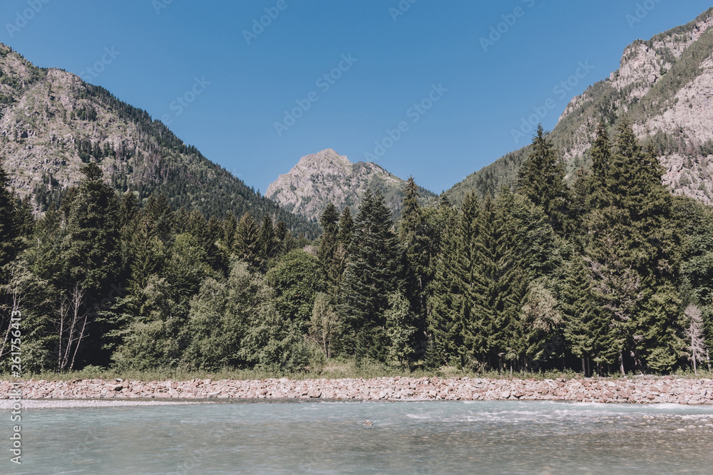 Panorama view of river scene in mountains of national park Dombay, Caucasus Panorama view of river scene in mountains of national park Dombay, Caucasus