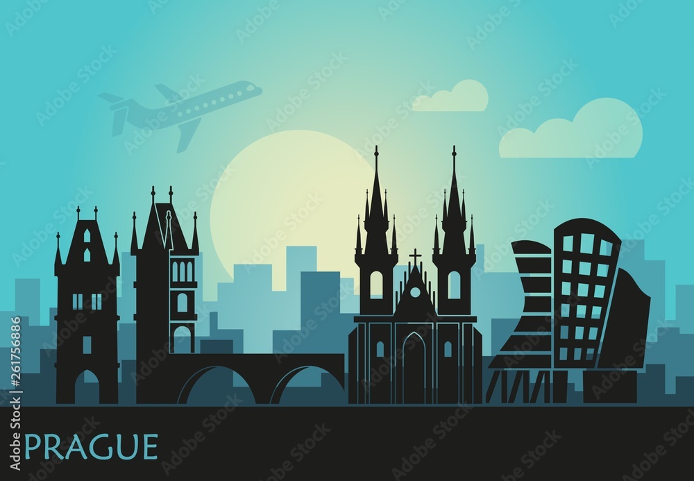 Stylized landscape of Prague with the main sights at sunset
