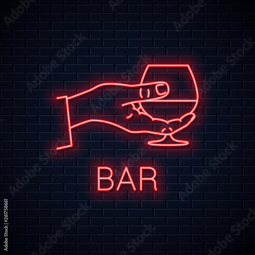Hand hold cognac neon sign. Male brandy glass.