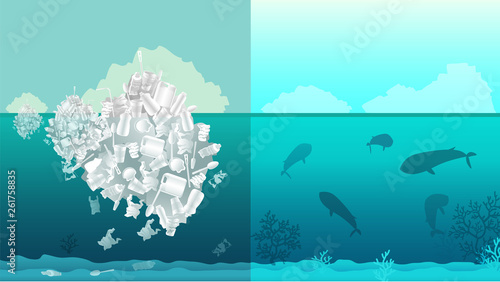 Comparison of clean sea and plastic pollution. Ocean plastic pollution. Ecological poster. A large mountain of plastic in the water. Plastic iceberg pollution, ecology problem of marine pollution.