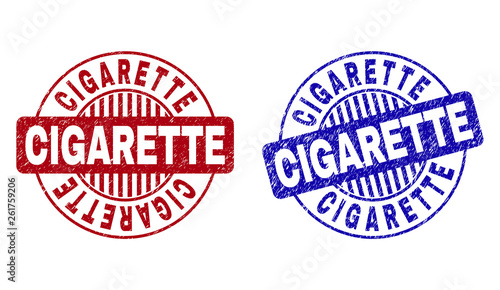 Grunge CIGARETTE round stamp seals isolated on a white background. Round seals with grunge texture in red and blue colors. Vector rubber imitation of CIGARETTE text inside circle form with stripes.